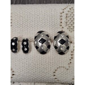 Vintage Clip-on Earrings Silver Tone Chunky Rhinestone Unique Two Pairs